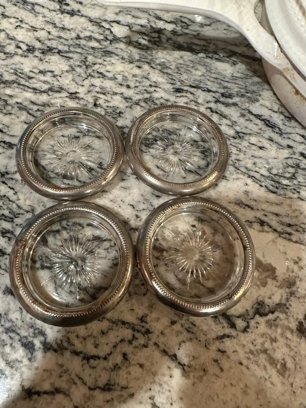 Set of 4 Vintage Leonard Silver plated Sunburst Crystal Glass Drink coasters